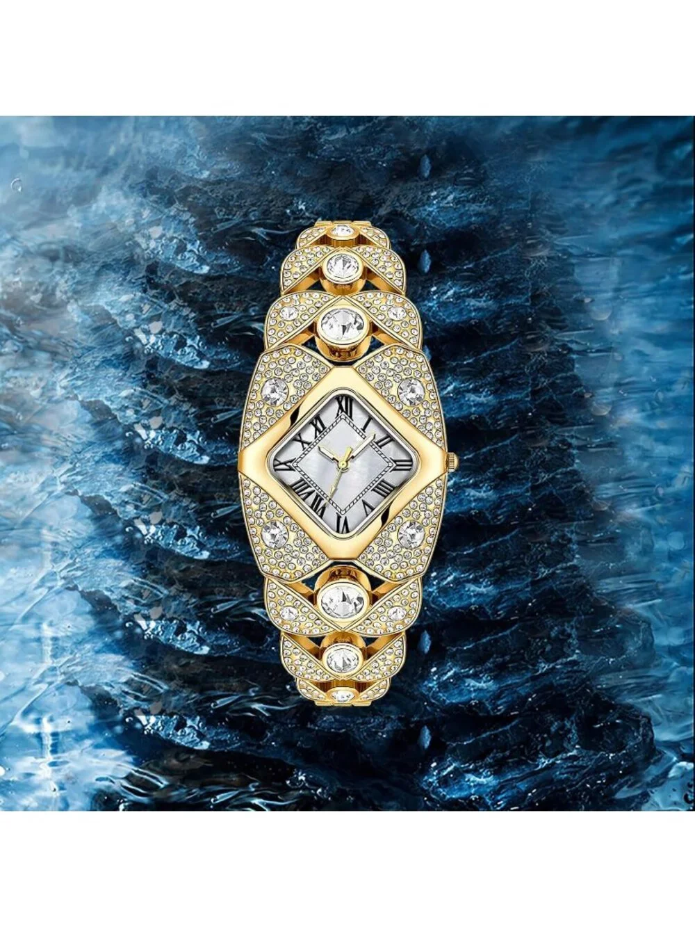 Women's Gold White Rhombic Square Rhinestone Bracelet Roman Numerals Dial Watch